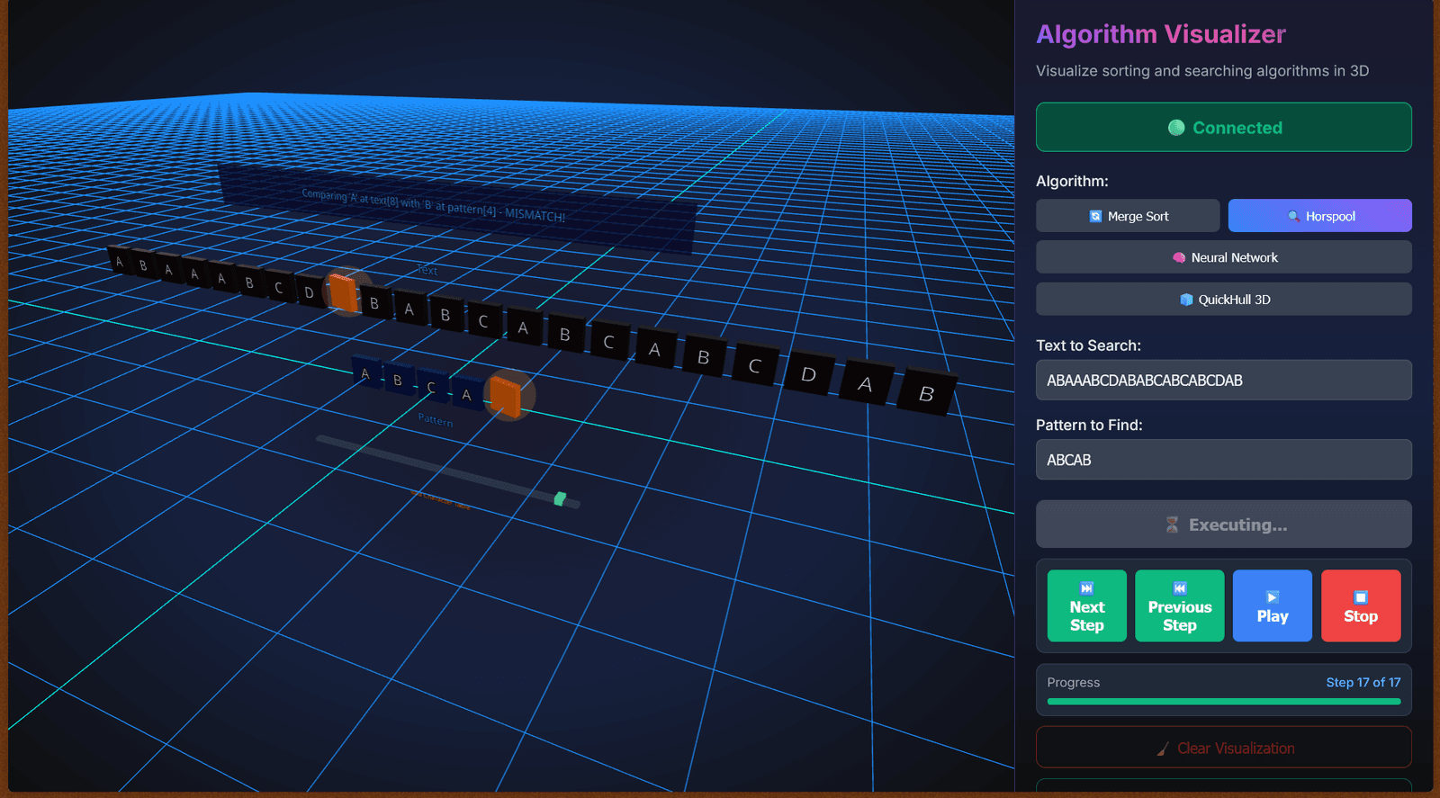 Horspool's Algorithm Visualization showing string matching process